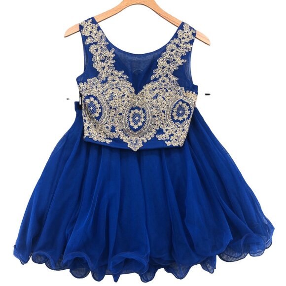 Jodi Kristopher Dress Womens 1 Jrs Blue Gold Lace Dance 2 Piece Sparkle Cocktail - Picture 2 of 16